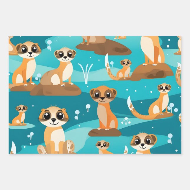 Kawaii Cute Baby Meerkats Wrapping Paper Sheets (Front)
