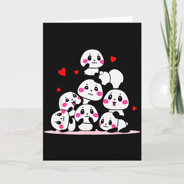 Kawaii Cute Baby Panda Pile With Red Hearts Valent Card (Front)