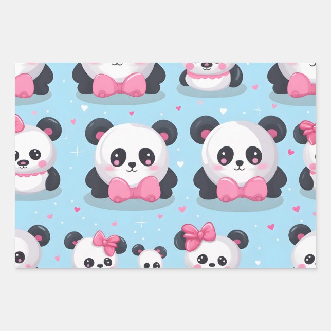 Kawaii Cute Baby Pandas Wrapping Paper Sheets (Front)