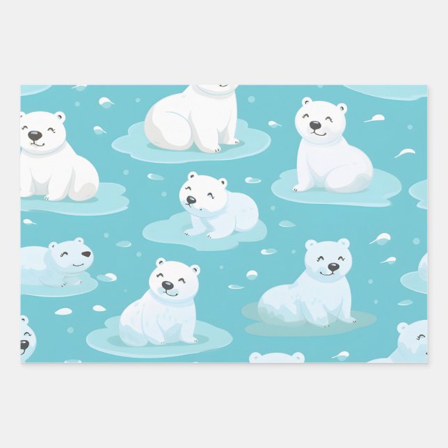 Kawaii Cute Baby Polar Bears Wrapping Paper Sheets (Front)