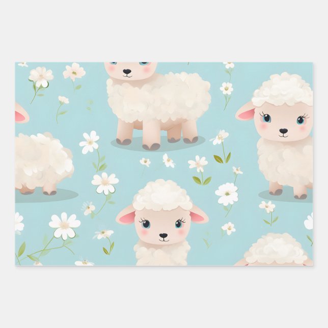Kawaii Cute Baby Sheep Wrapping Paper Sheets (Front)