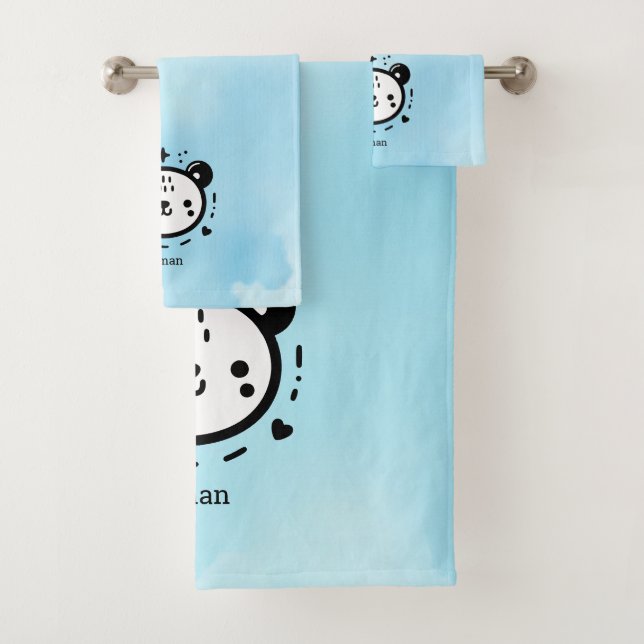 Kawaii cute Bear Face - Kawaii Minimalist Line Art Bath Towel Set (Insitu)
