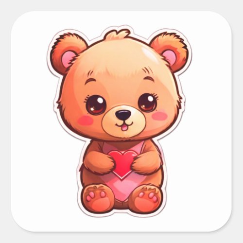 Kawaii cute bear holding a heart square sticker