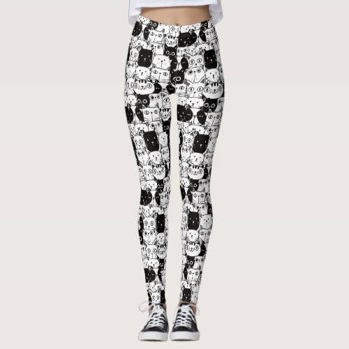 Kawaii Cute Black And White Cat Pattern Leggings