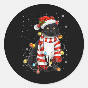 Kawaii Cute Black Cat Santa Tangled Up In Xmas Lig Classic Round Sticker