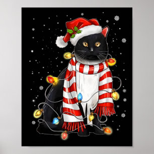 Kawaii Cute Black Cat Santa Tangled Up In Xmas Lig Poster
