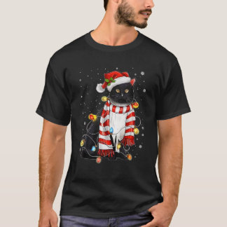 Kawaii Cute Black Cat Santa Tangled Up In Xmas Lig T-Shirt
