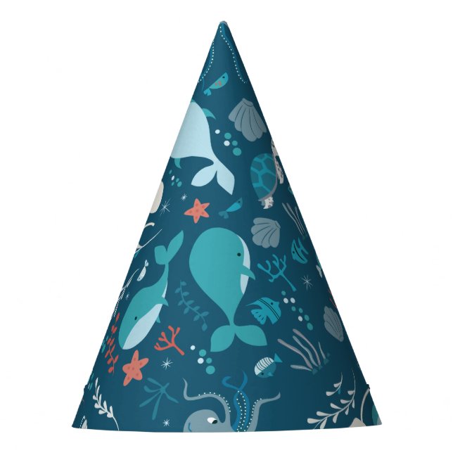 Kawaii Cute Blue Whales and Sea Life. Party Hat (Front)