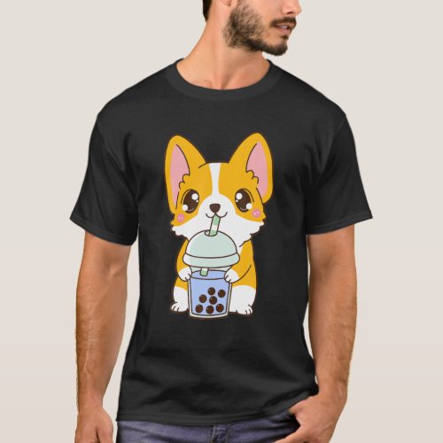 Kawaii Cute Boba Corgi Dog Blue Bubble Milk Tea T_Shirt