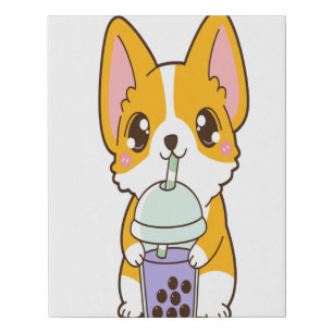 Kawaii Cute Boba Corgi Dog Taro Bubble Pearl Milk Faux Canvas Print