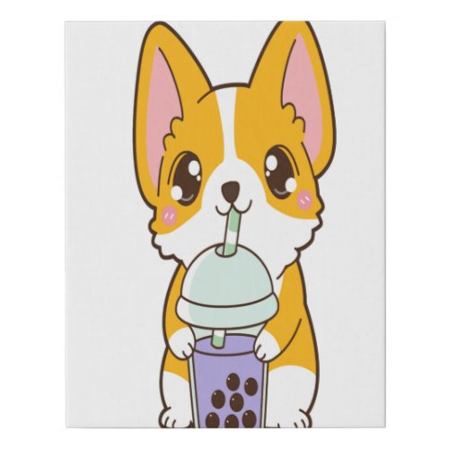 Kawaii Cute Boba Corgi Dog Taro Bubble Pearl Milk Faux Canvas Print