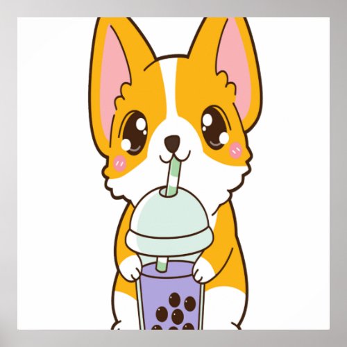 Kawaii Cute Boba Corgi Dog Taro Bubble Pearl Milk Poster