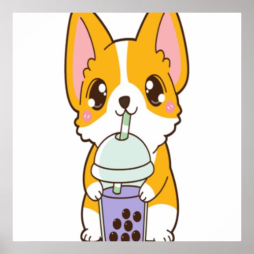 Kawaii Cute Boba Corgi Dog Taro Bubble Pearl Milk Poster