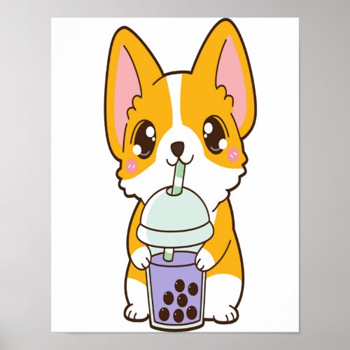 Kawaii Cute Boba Corgi Dog Taro Bubble Pearl Milk Poster
