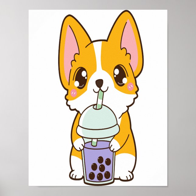 Kawaii Cute Boba Corgi Dog Taro Bubble Pearl Milk Poster (Front)