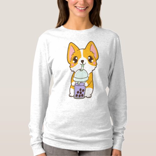 Kawaii Cute Boba Corgi Dog Taro Bubble Pearl Milk T_Shirt