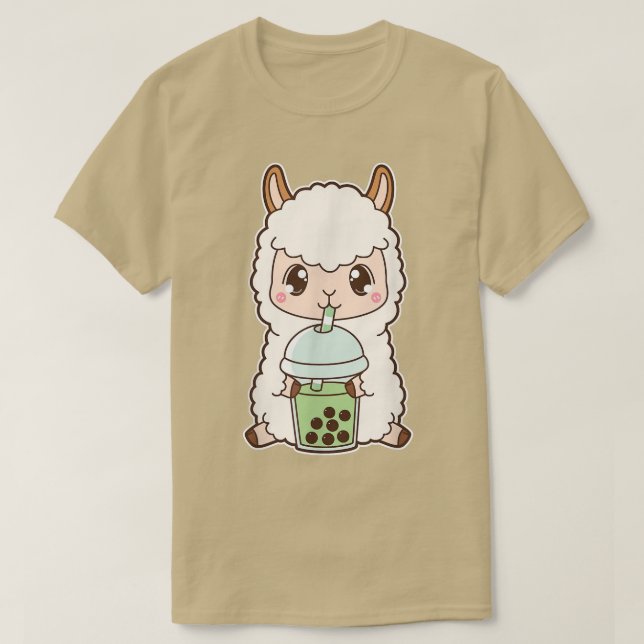 Kawaii Cute Boba Llama Alpaca Matcha Green Bubble  T-Shirt (Design Front)