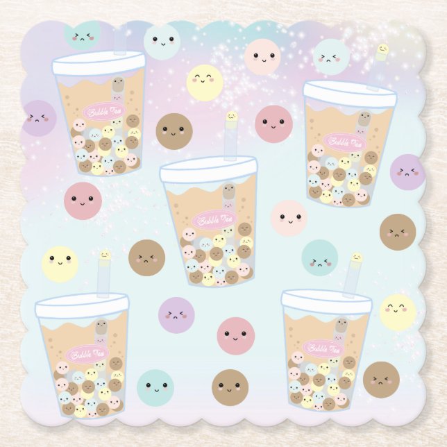 Kawaii Cute Bubble Pearl Milk Tea Tapioca Boba Paper Coaster (Front)