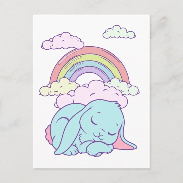 Kawaii Cute Cartoon Bunny Rabbit Rainbow Postcard (Front)