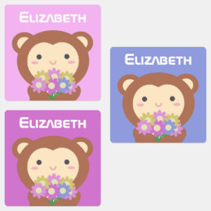 Kawaii Cute Cartoon Monkey Colorful Flowers Kids Labels