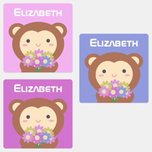 Kawaii Cute Cartoon Monkey Colorful Flowers Kids Labels