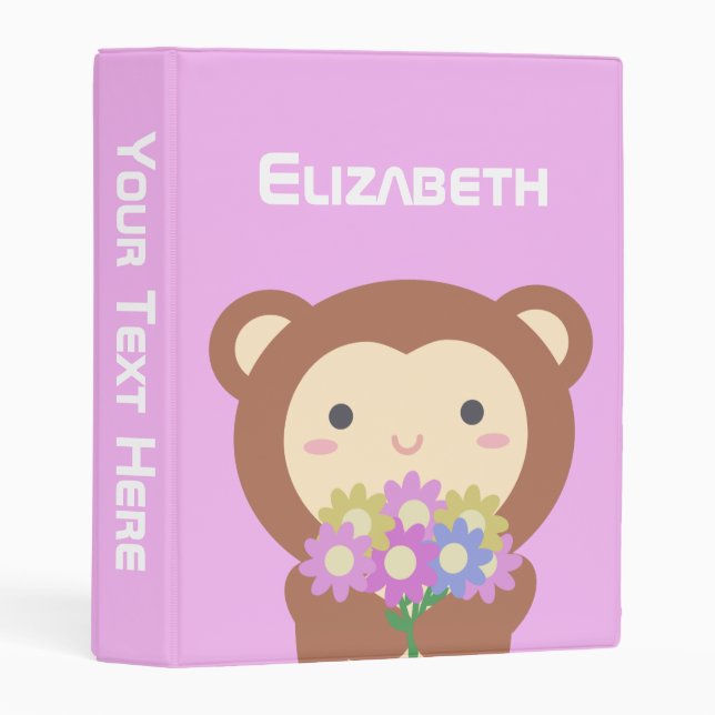 Kawaii Cute Cartoon Monkey Purple Pink Flowers Mini Binder (Front/Spine)