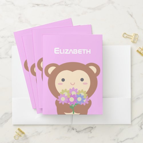 Kawaii Cute Cartoon Monkey Purple Pink Flowers Pocket Folder