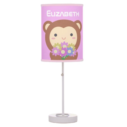 Kawaii Cute Cartoon Monkey Purple Pink Flowers Table Lamp