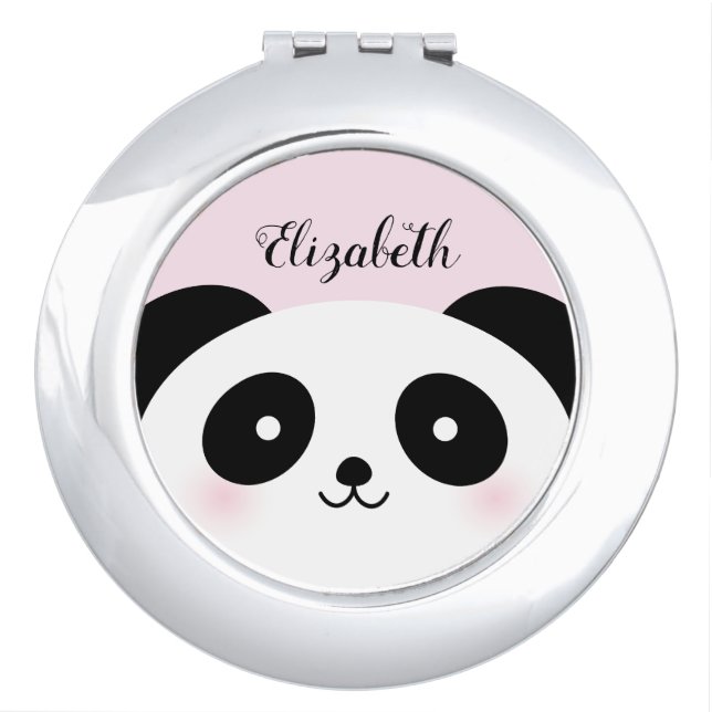 Kawaii Cute Cartoon Panda Bear Custom Name Compact Mirror (Front)