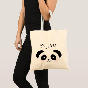 Kawaii Cute Cartoon Panda Bear Custom Name Tote Bag