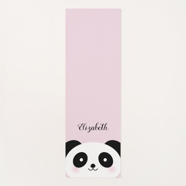 Kawaii Cute Cartoon Panda Bear on Pink Custom Name Yoga Mat (Front)