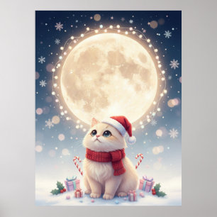 Kawaii Cute Cat Christmas With Moon Poster