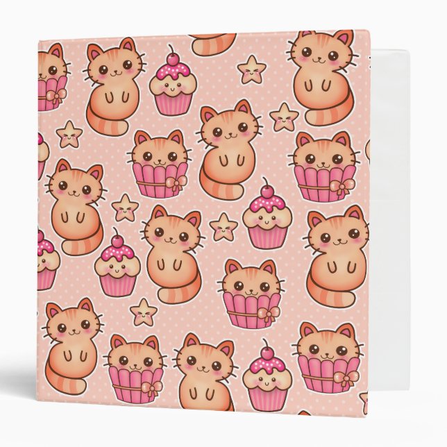 Kawaii Cute Cats and Cupcakes Pink Pattern 3 Ring Binder (Front/Inside)