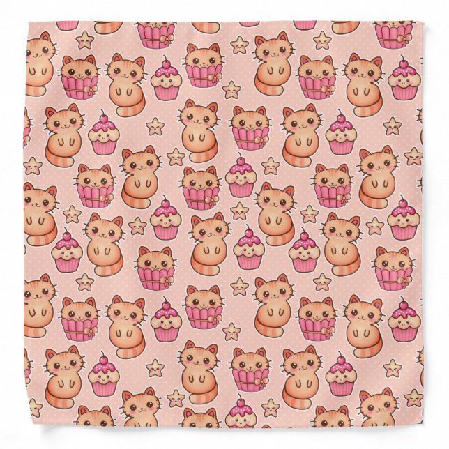 Kawaii Cute Cats and Cupcakes Pink Pattern Bandana (Front)