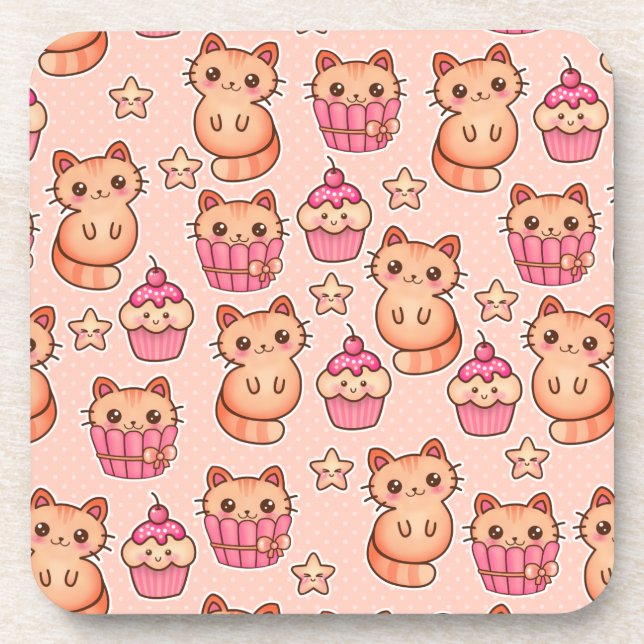 Kawaii Cute Cats and Cupcakes Pink Pattern Beverage Coaster (Front)