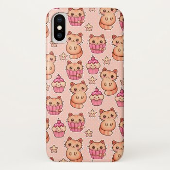 Kawaii Cute Cats And Cupcakes Pink Pattern Iphone X Case by VintageDesignsShop at Zazzle