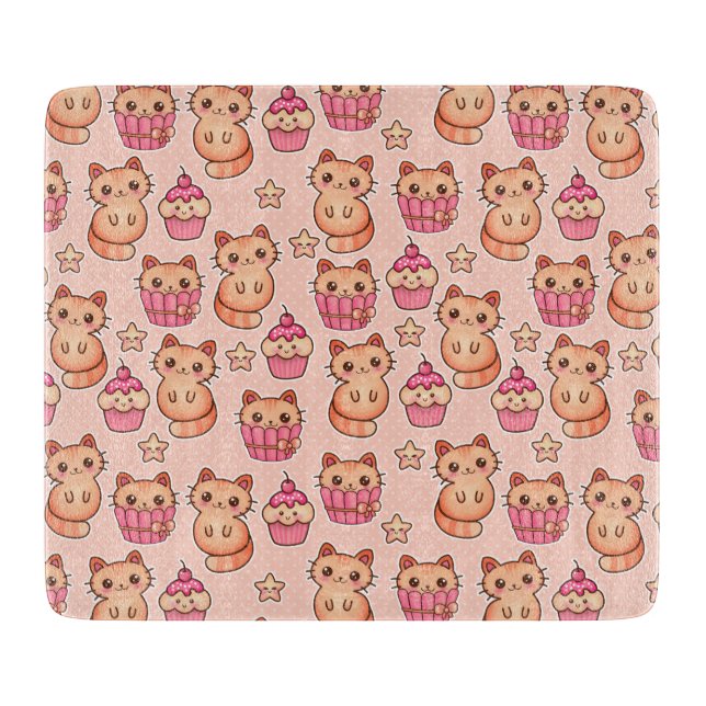 Kawaii Cute Cats and Cupcakes Pink Pattern Cutting Board (Front)