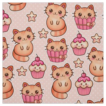 Kawaii Cute Cats And Cupcakes Pink Pattern Fabric by VintageDesignsShop at Zazzle