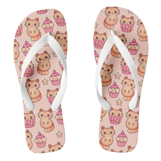 Kawaii Cute Cats and Cupcakes Pink Pattern Flip Flops (Footbed)