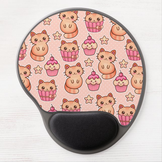 Kawaii Cute Cats and Cupcakes Pink Pattern Gel Mouse Pad (Front)