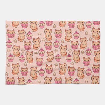 Kawaii Cute Cats And Cupcakes Pink Pattern Kitchen Towel by VintageDesignsShop at Zazzle