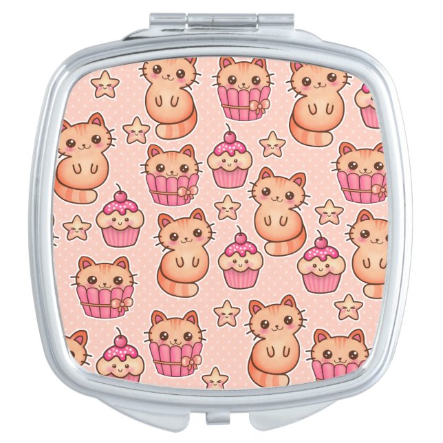 Kawaii Cute Cats and Cupcakes Pink Pattern Mirror For Makeup (Front)