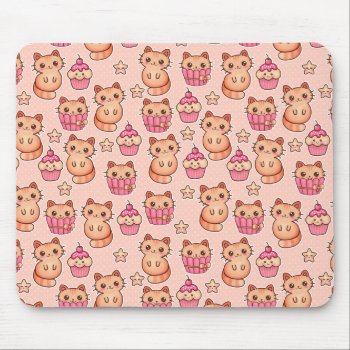 Kawaii Cute Cats And Cupcakes Pink Pattern Mouse Pad by VintageDesignsShop at Zazzle