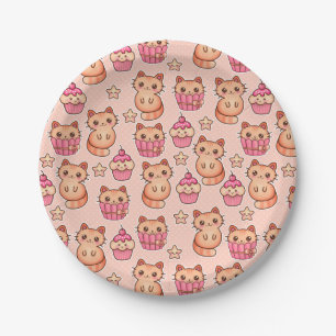 Kawaii Cute Cats and Cupcakes Pink Pattern Paper Plates