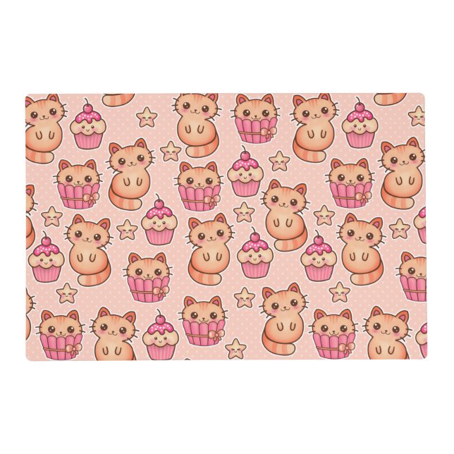 Kawaii Cute Cats and Cupcakes Pink Pattern Placemat (Front)
