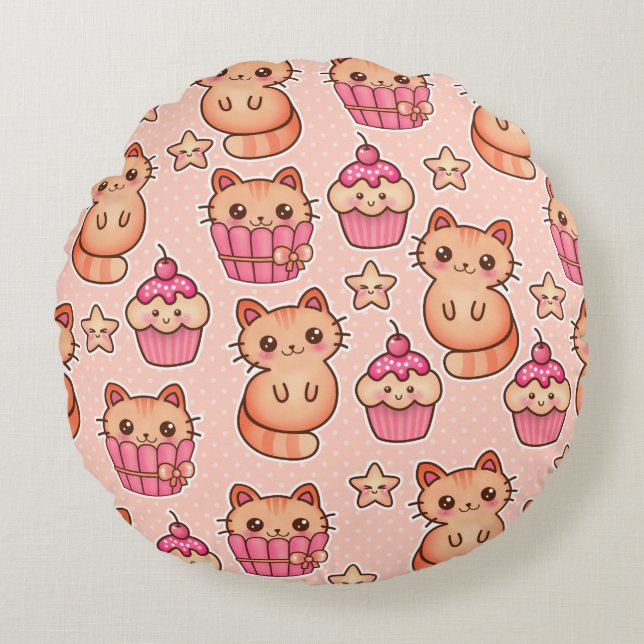 Kawaii Cute Cats and Cupcakes Pink Pattern Round Pillow (Front)