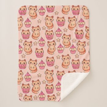 Kawaii Cute Cats And  Cupcakes Pink Pattern Sherpa Blanket by VintageDesignsShop at Zazzle
