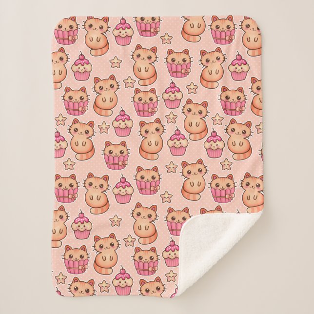 Kawaii Cute Cats and  Cupcakes Pink Pattern Sherpa Blanket (Front)