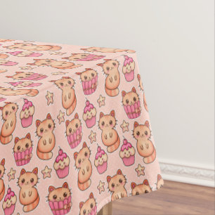 Kawaii Cute Cats and Cupcakes Pink Pattern Tablecloth