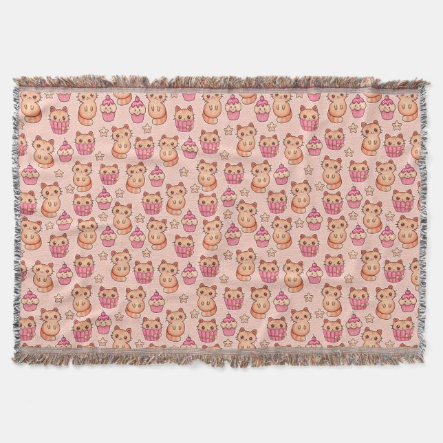 Kawaii Cute Cats and Cupcakes Pink Pattern Throw Blanket (Front)